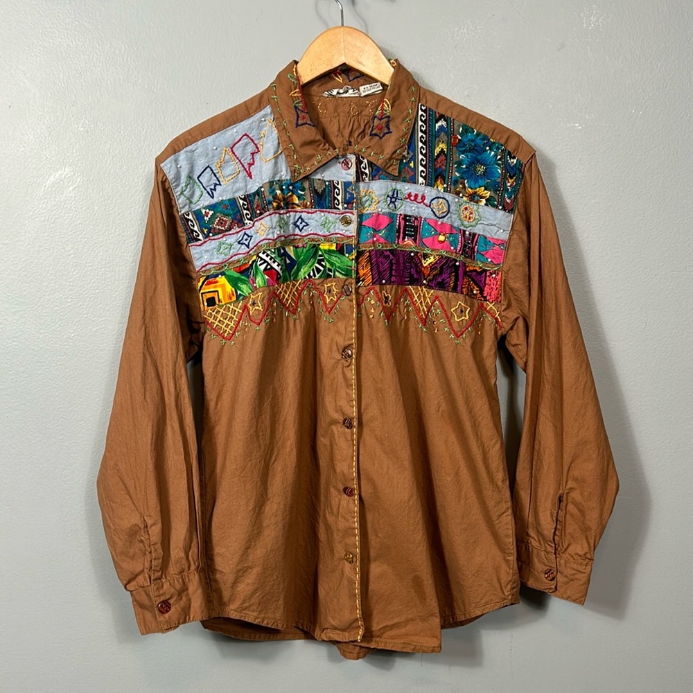 Vintage Monalisa Cotton Embroidered Beaded Western Tribal Shirt size M